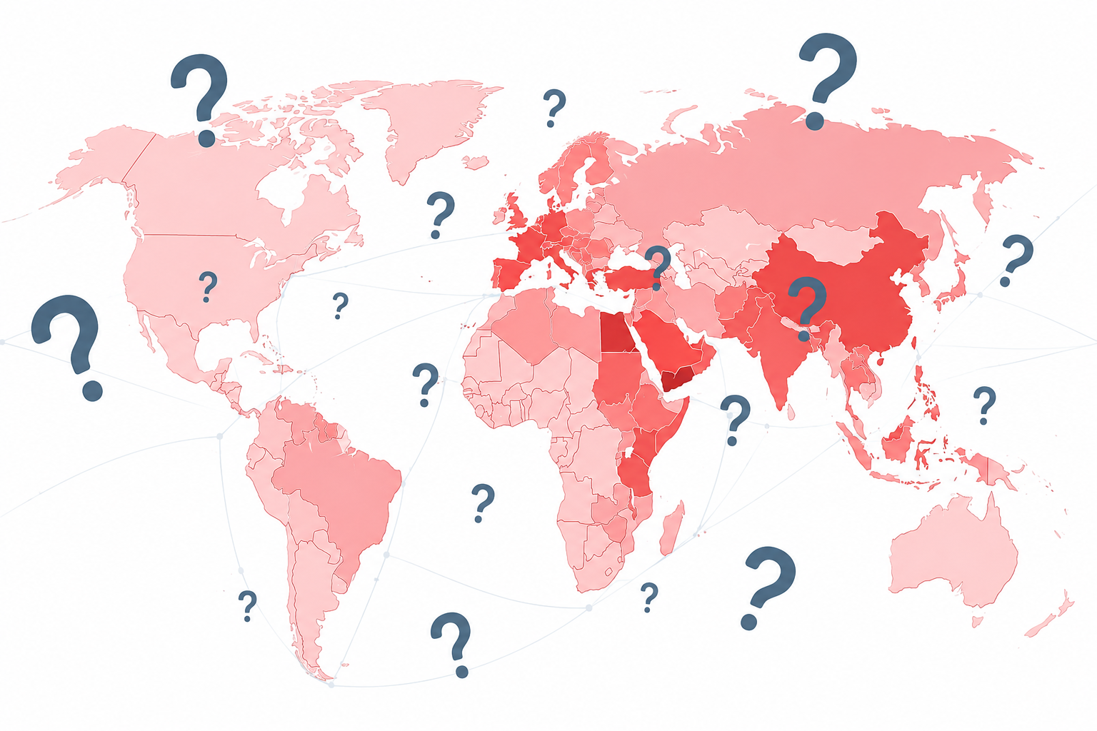 A world map with global connections and question marks